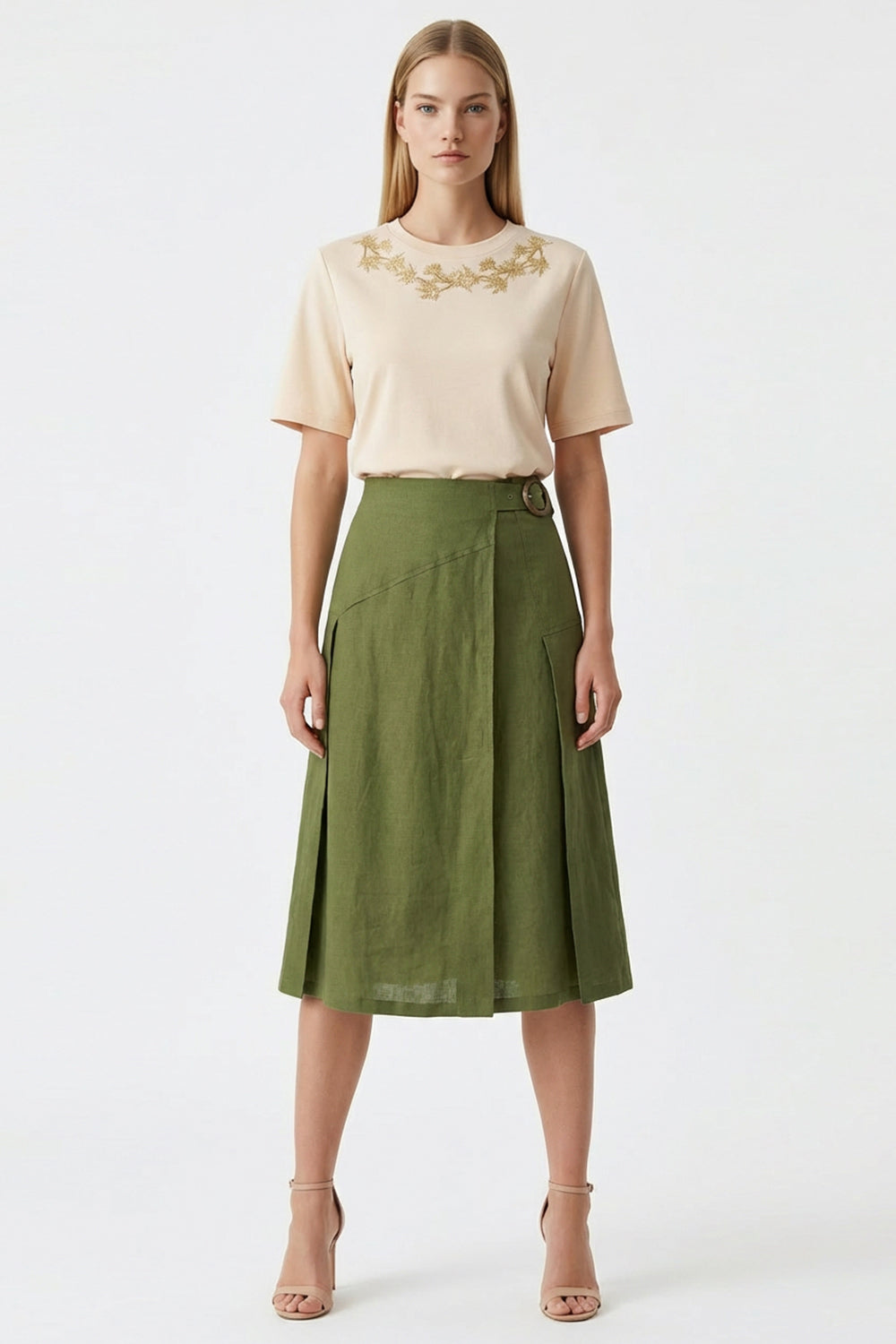 Linen Midi Skirt - KHAKI