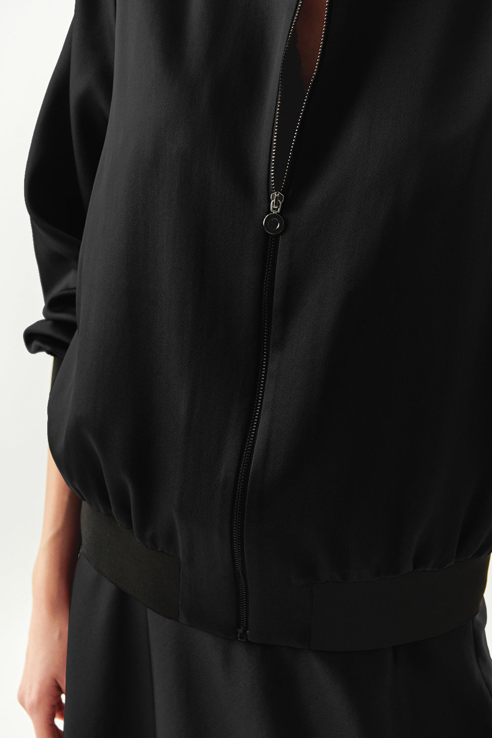 Lacey Satin Bomber-Style Crew Neck Jacket with Pockets Black