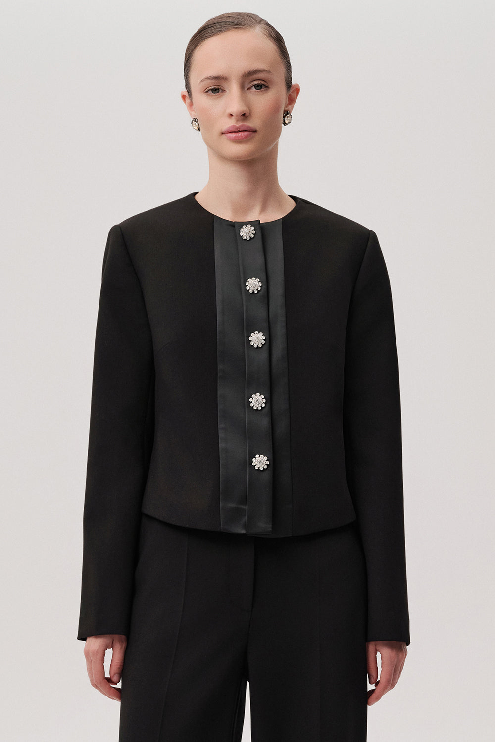 Aster Black Structured Jacket with High Neck & Pockets