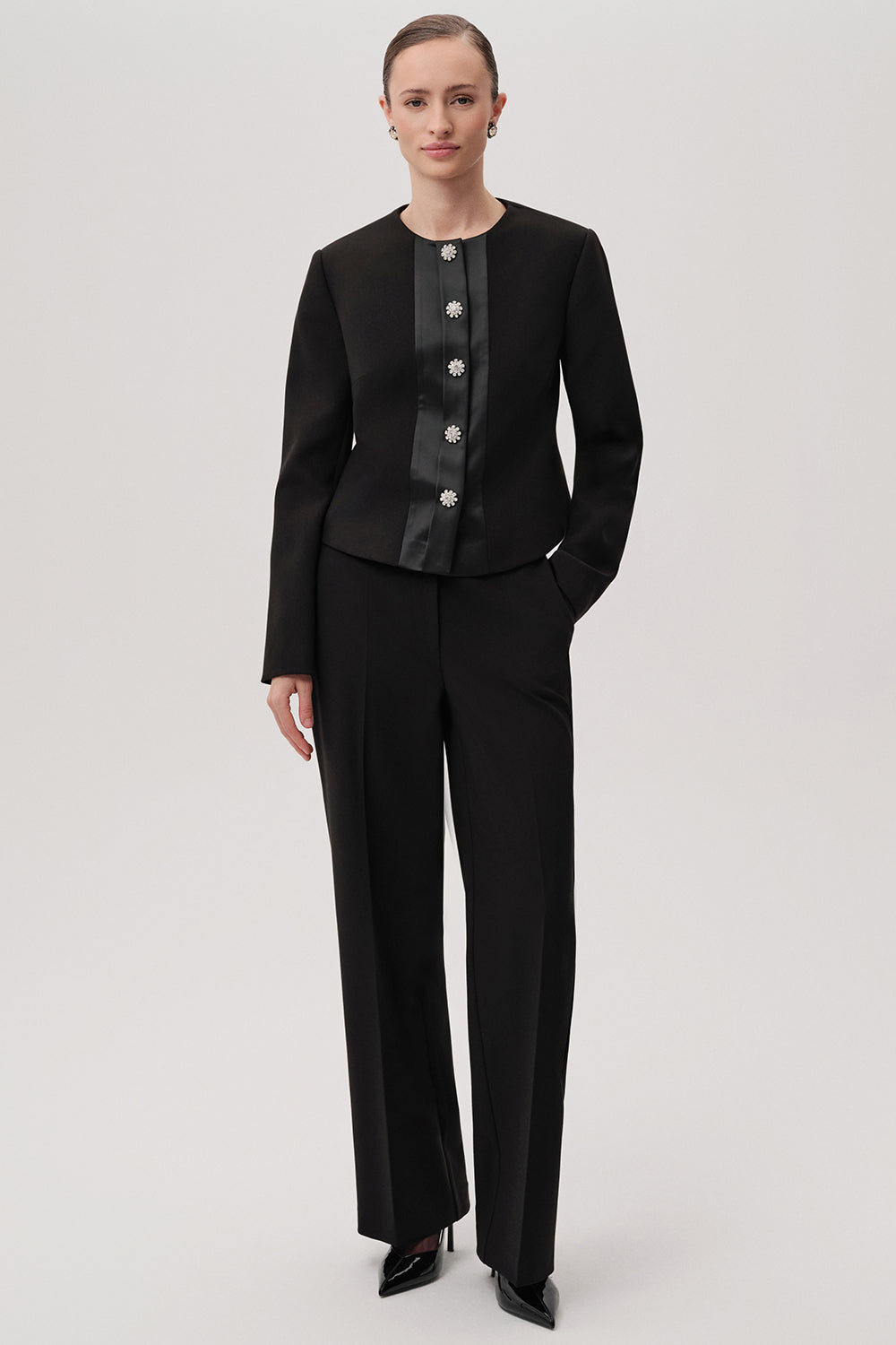Aster Black Structured Jacket with High Neck & Pockets