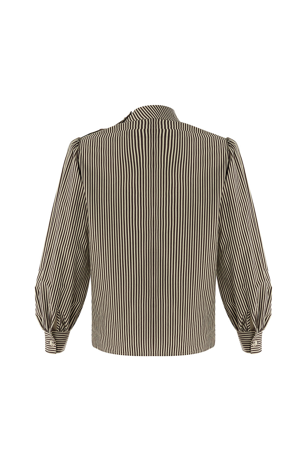 Indigo Brown-Bone Striped Cotton Blouse with High Neck, Tie Detail, and Long Sleeves