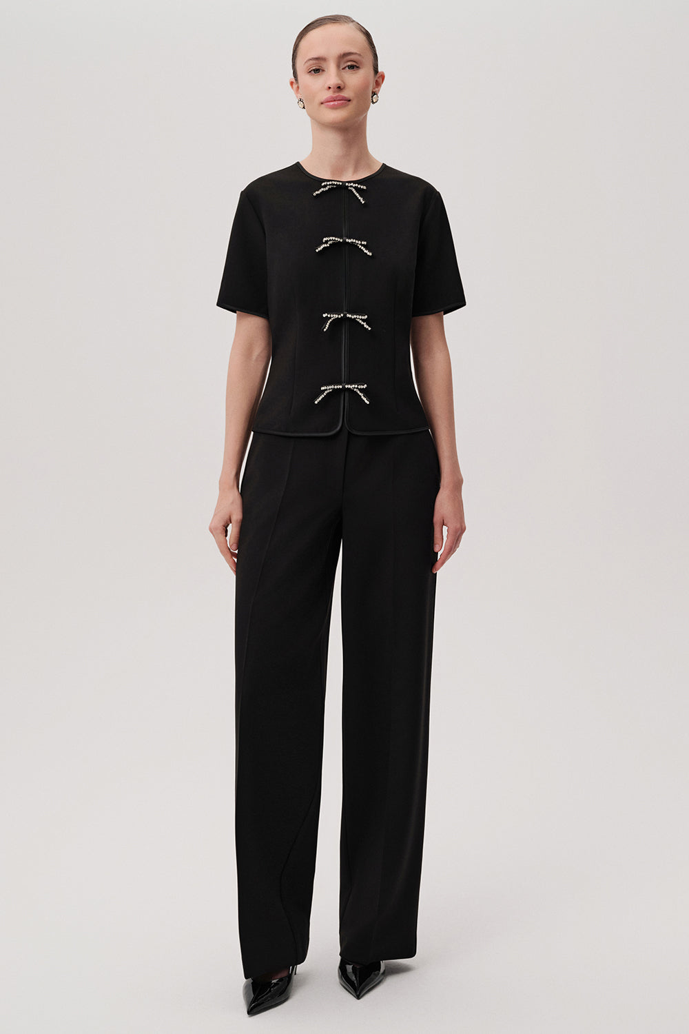 Dove Black Short Sleeve Crew Neck Blouse with Front Rope-Tie Detailing