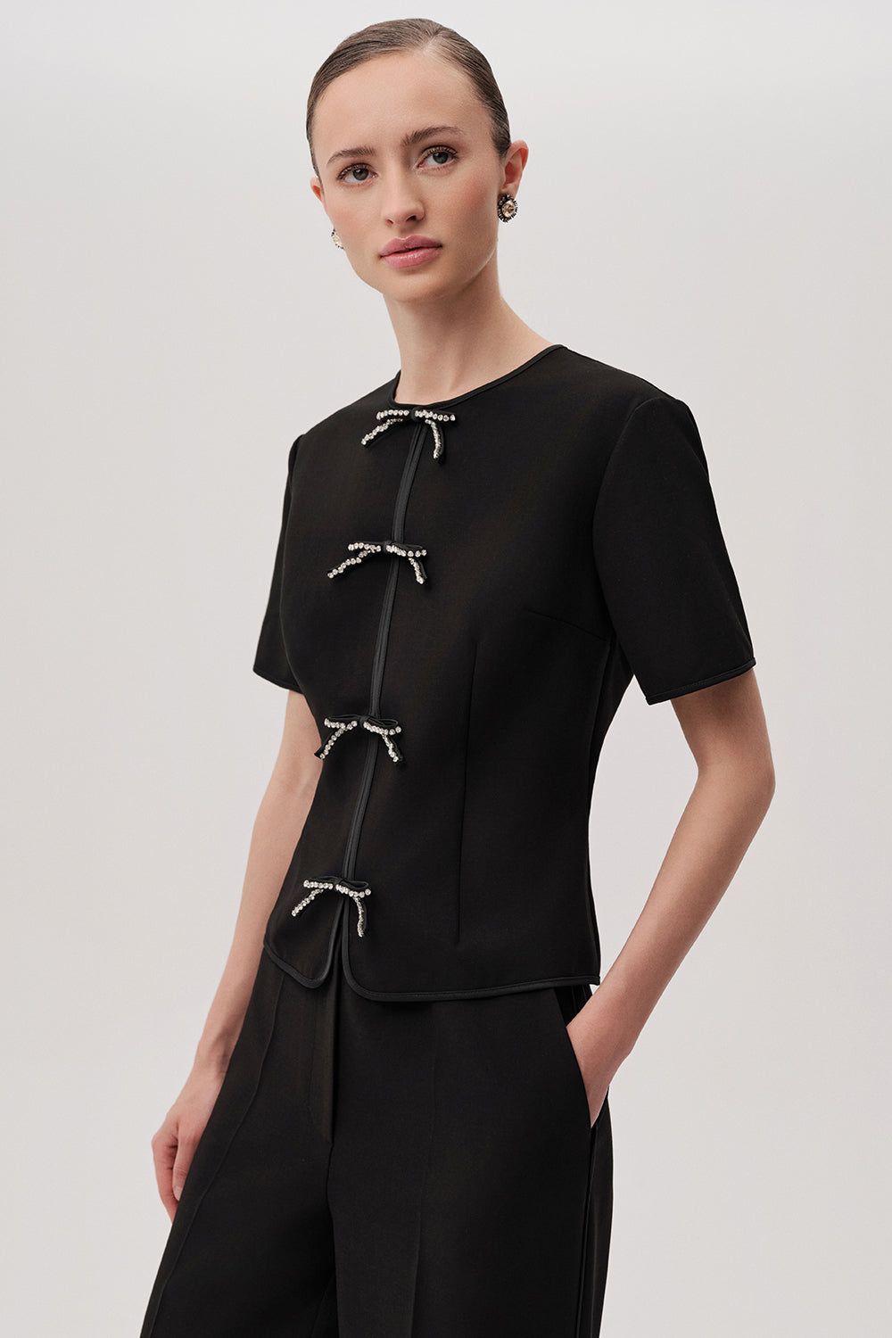 Dove Black Short Sleeve Crew Neck Blouse with Front Rope-Tie Detailing