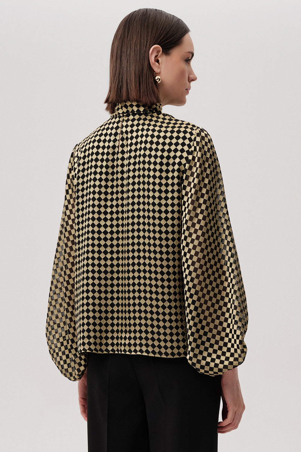 Patterned Balloon Sleeve Tie Detail Gold Black Blouse Gold Black