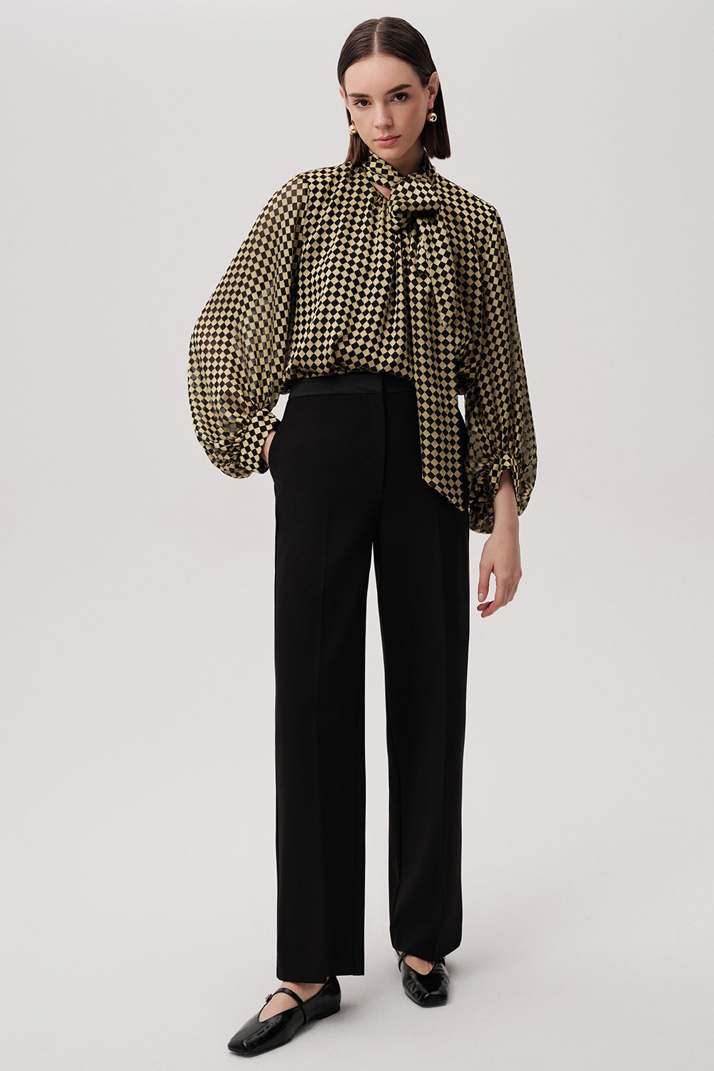 Patterned Balloon Sleeve Tie Detail Gold Black Blouse Gold Black