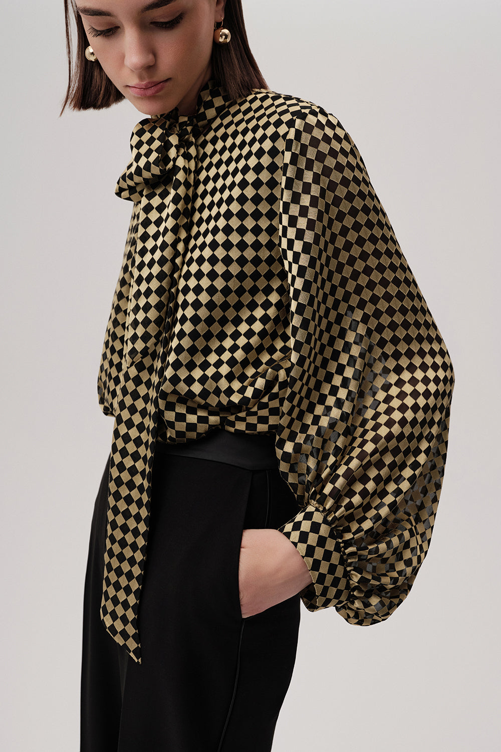 Patterned Balloon Sleeve Tie Detail Gold Black Blouse Gold Black