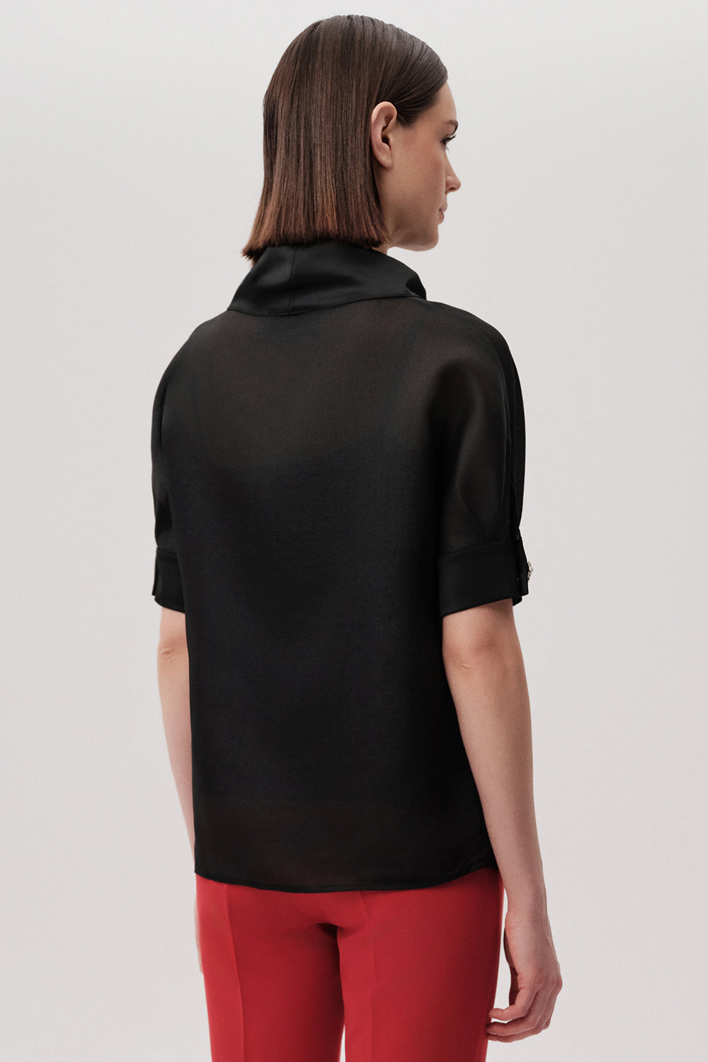 Jayden Black Satin-Look Blouse with High Neck and Short Sleeves