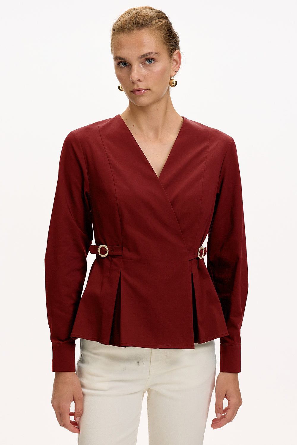 Red Slim Fit Shirt with Long Sleeves and Wrap Collar