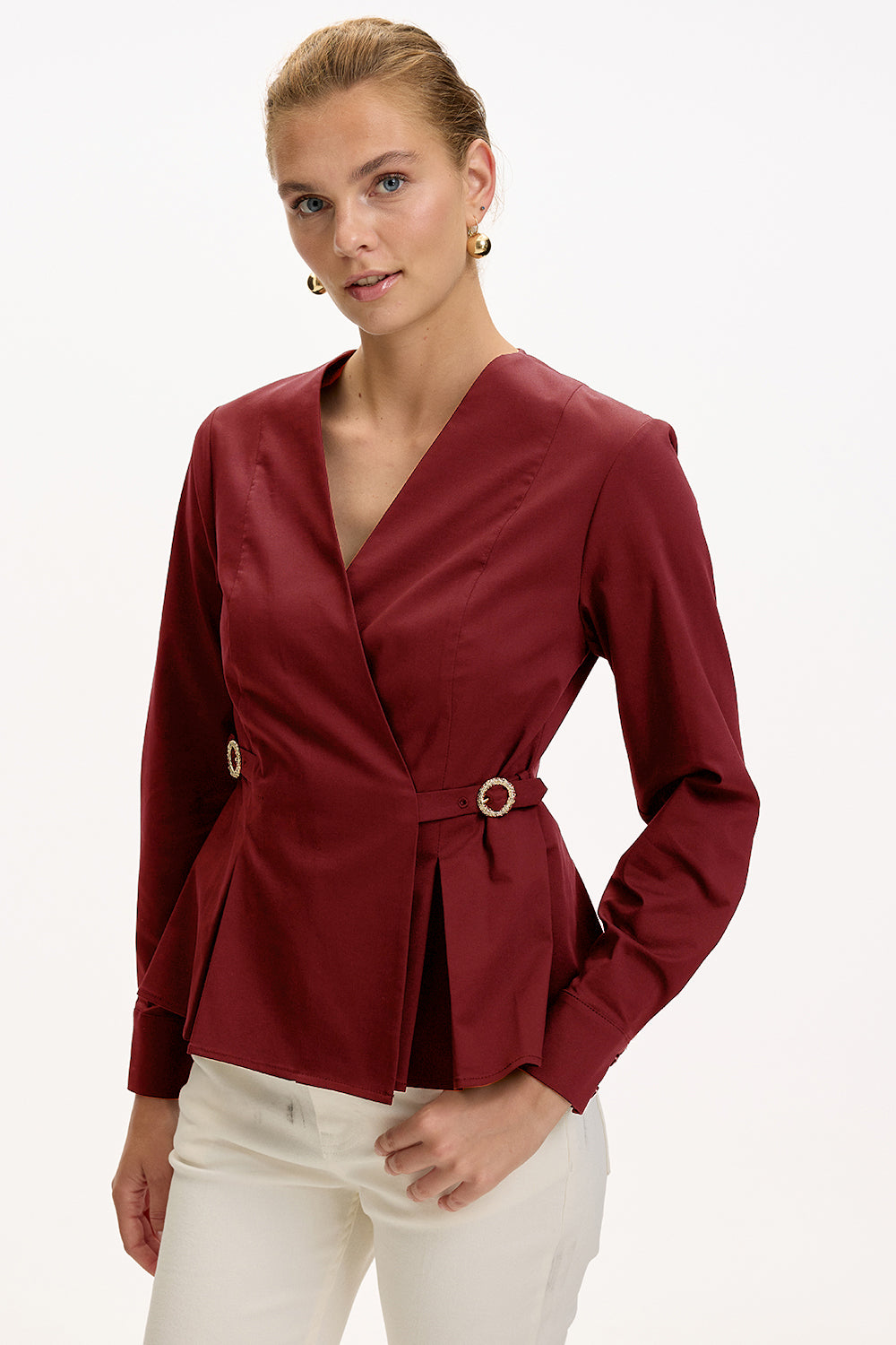 Red Slim Fit Shirt with Long Sleeves and Wrap Collar