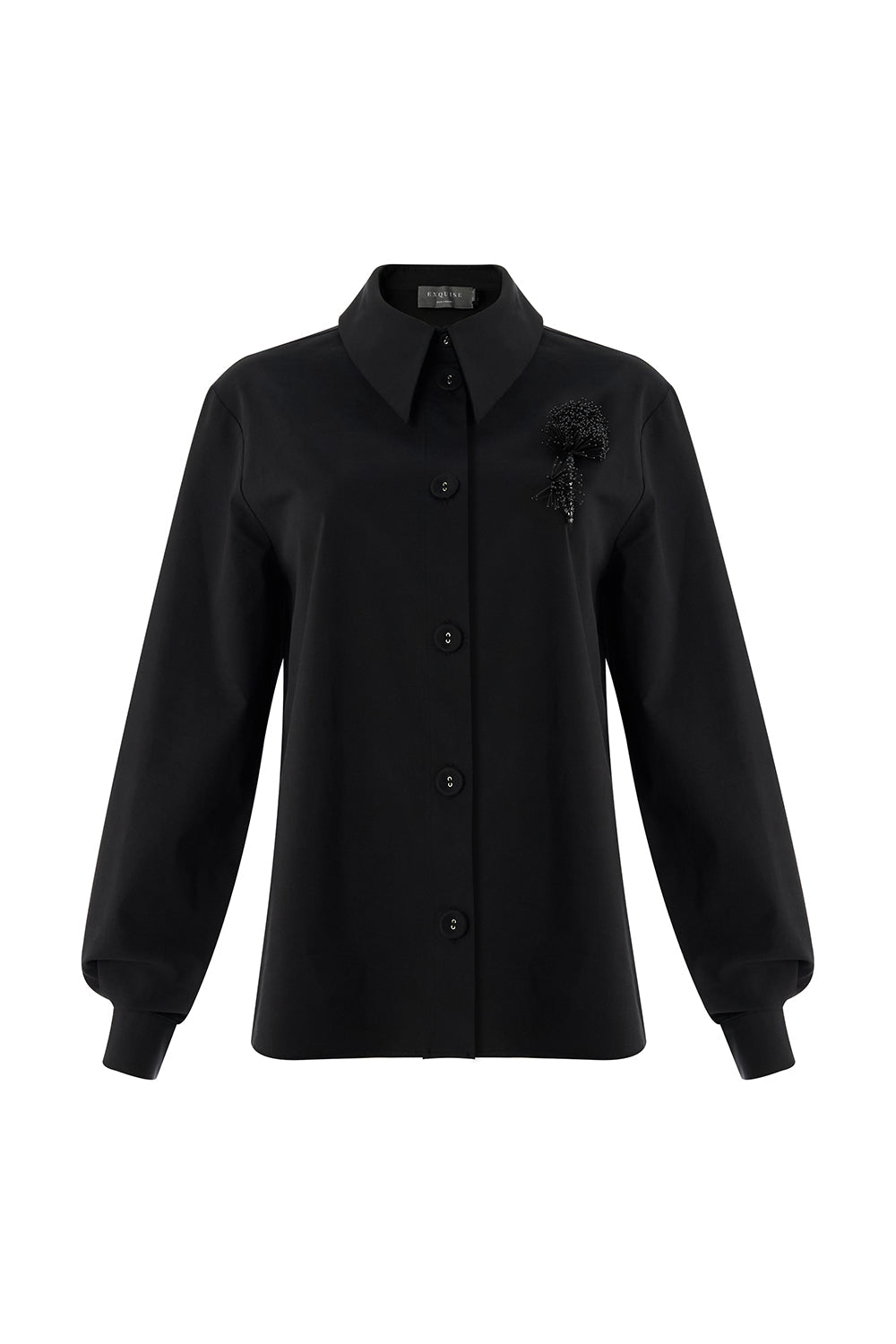 Malayah Black Long-Sleeve Shirt with Shirt Collar