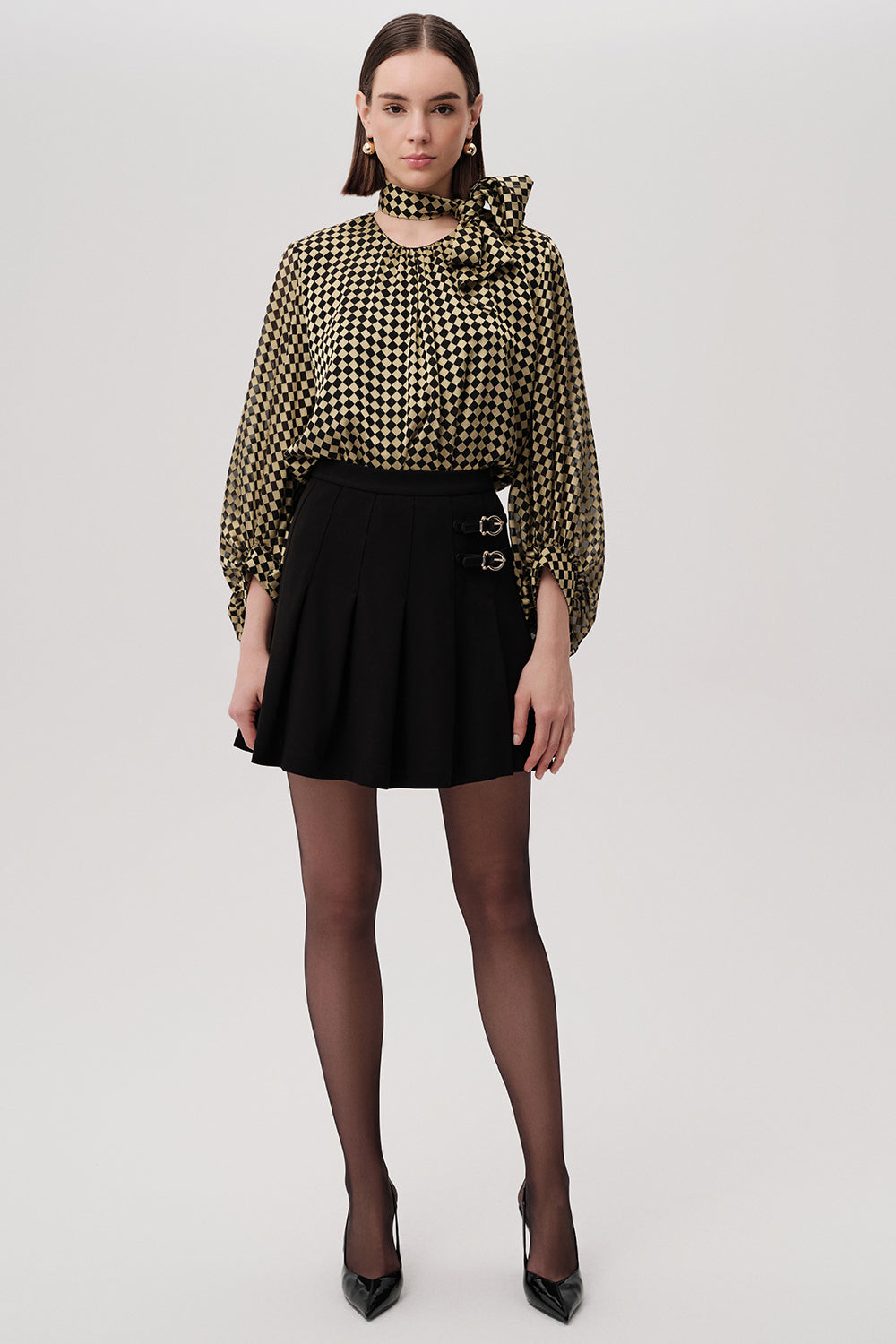 Ellen Black Pleated Mini Skirt with Buckle Detail