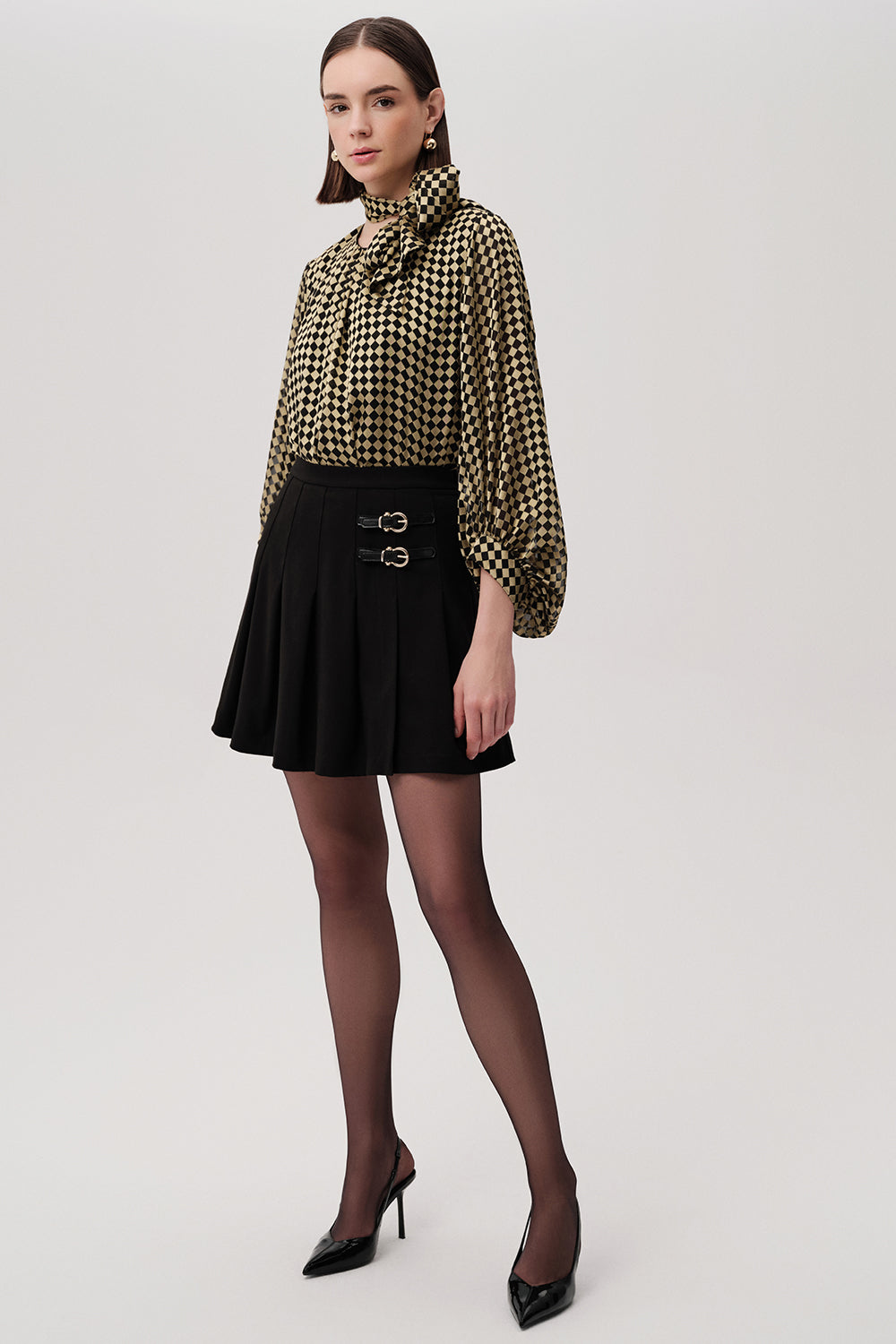 Ellen Black Pleated Mini Skirt with Buckle Detail