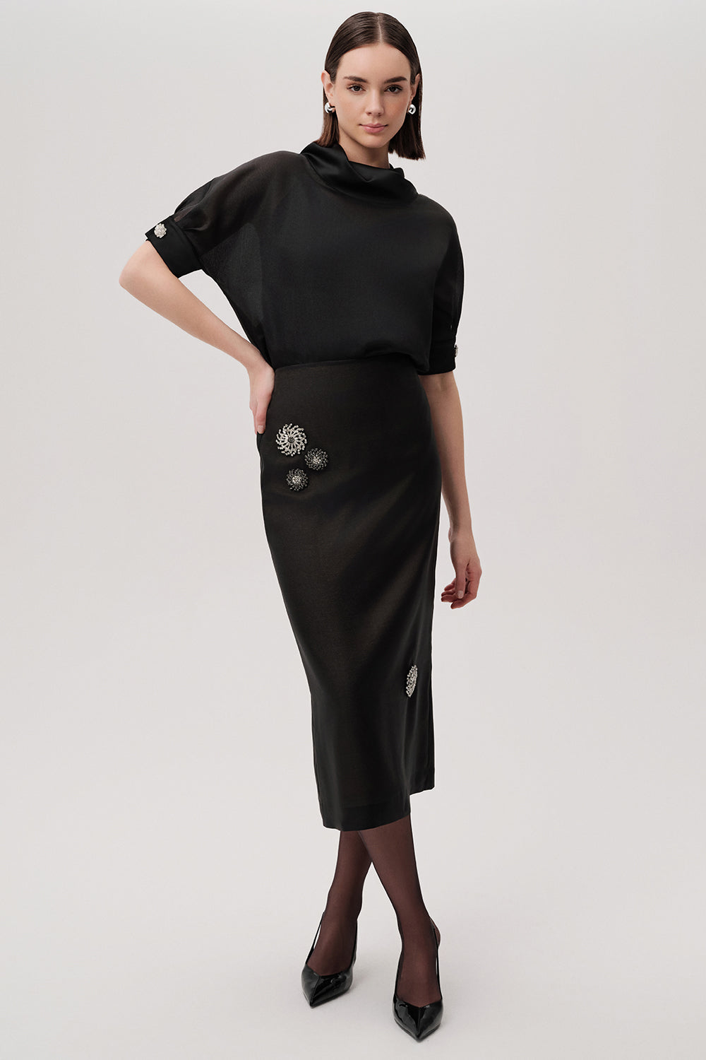 Susan Black Straight Skirt with Embellished Buttons