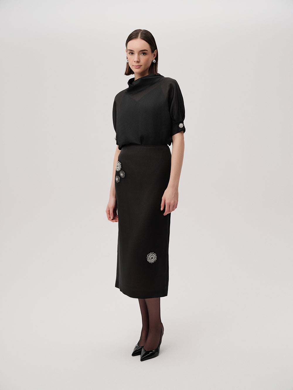 Susan Black Straight Skirt with Embellished Buttons