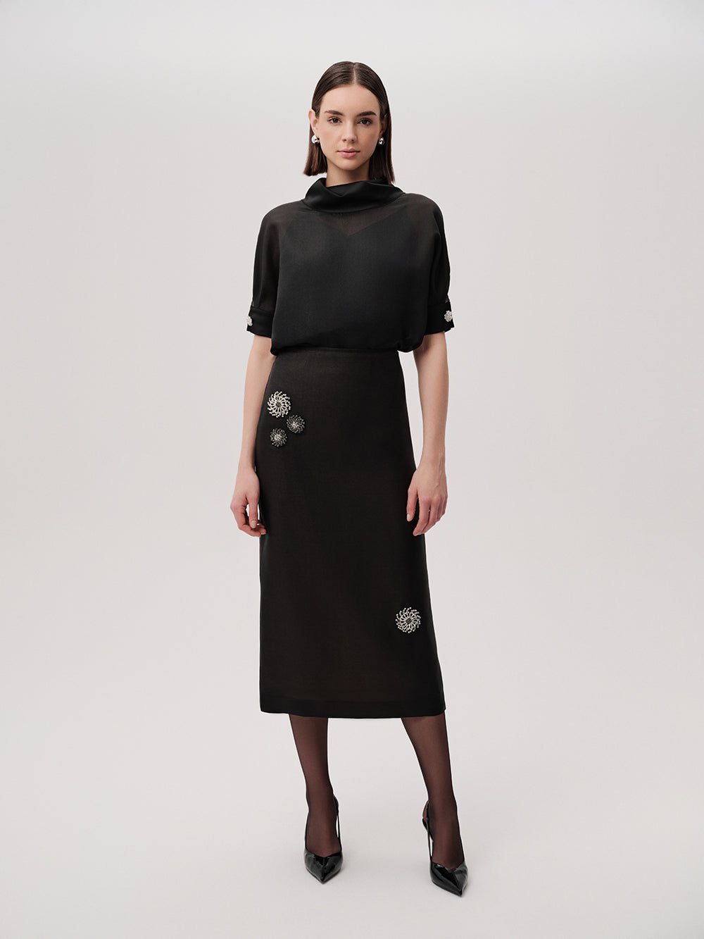Susan Black Straight Skirt with Embellished Buttons