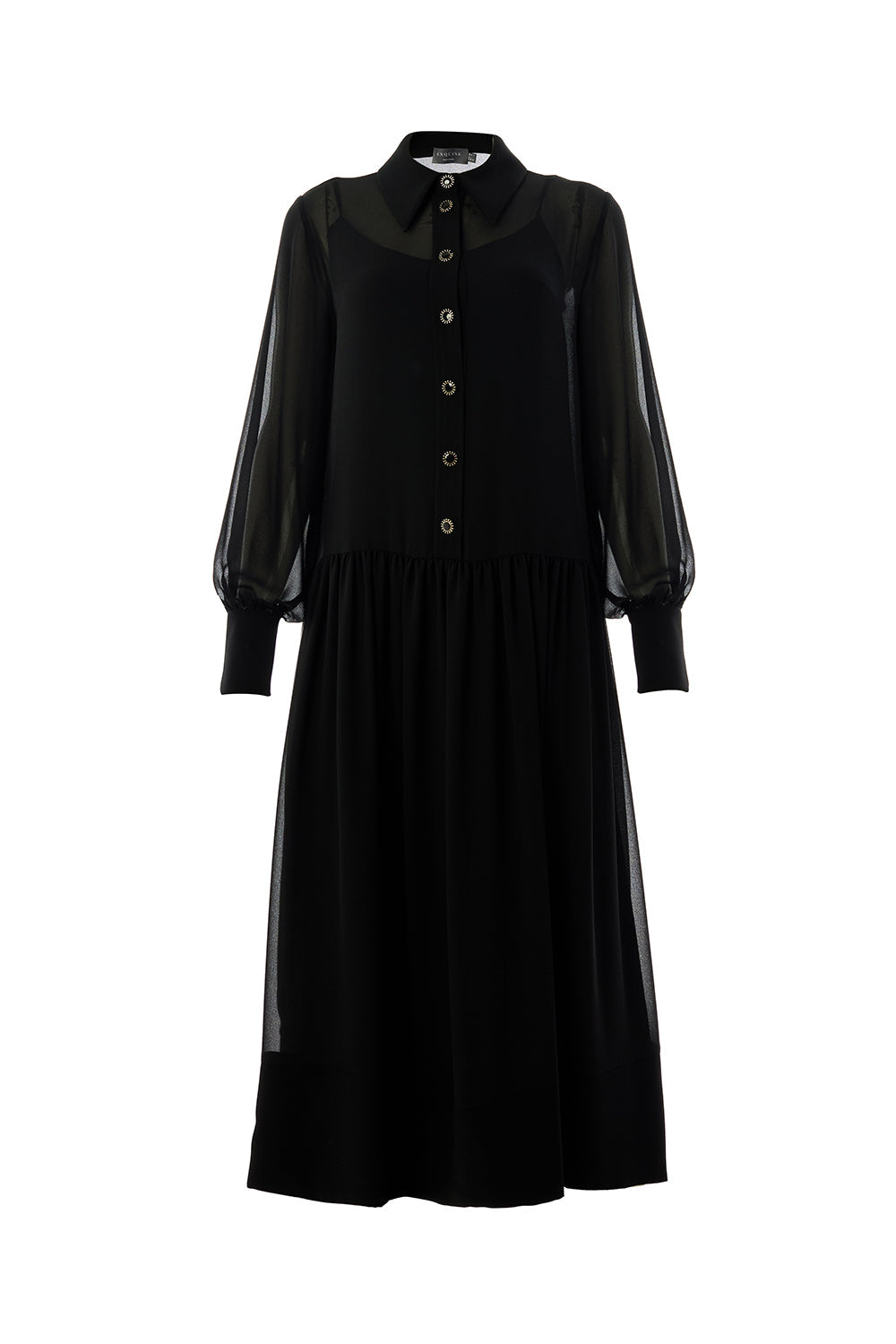 Birdie Black Long Sleeve Shirt Collar Dress
