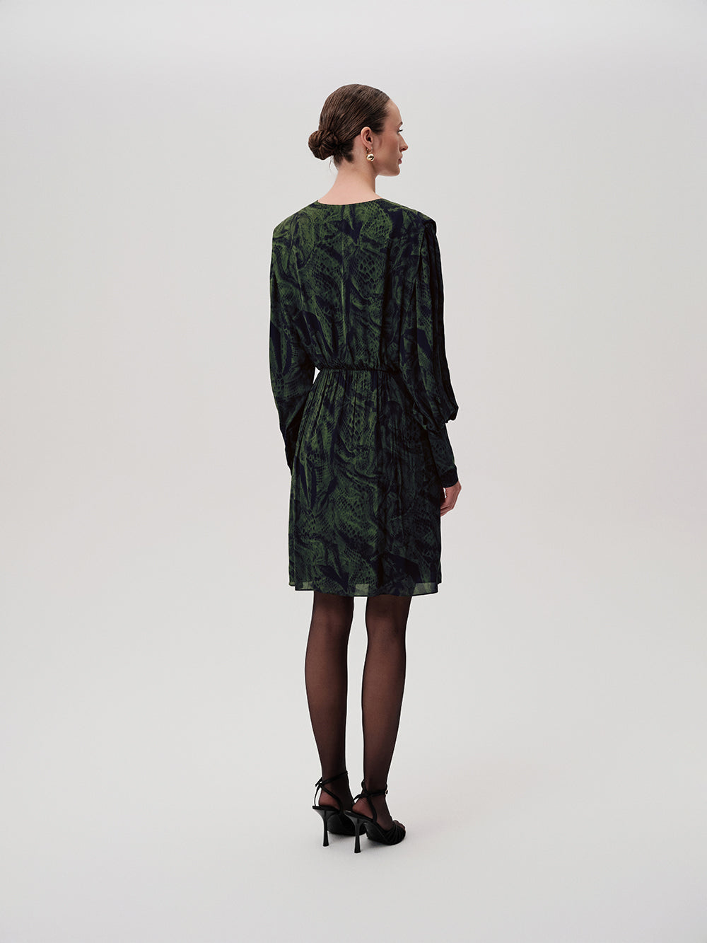 Patterned Wrap Long Sleeve Regular Mini Green Dress Green Black