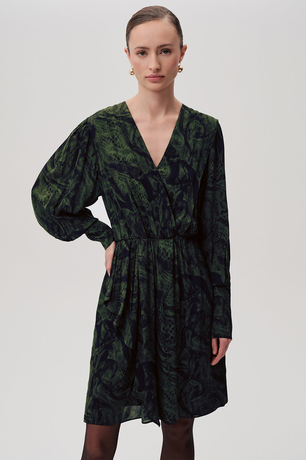 Patterned Wrap Long Sleeve Regular Mini Green Dress Green Black