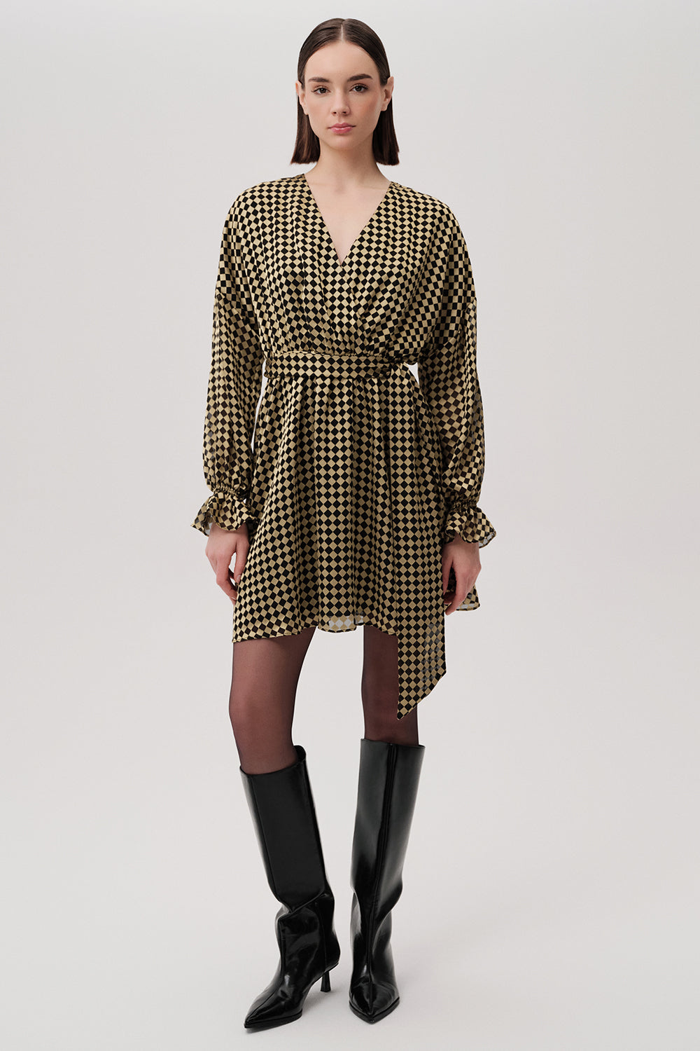 Waist Belted Long Sleeve Regular Mini Gold Black Dress Gold Black