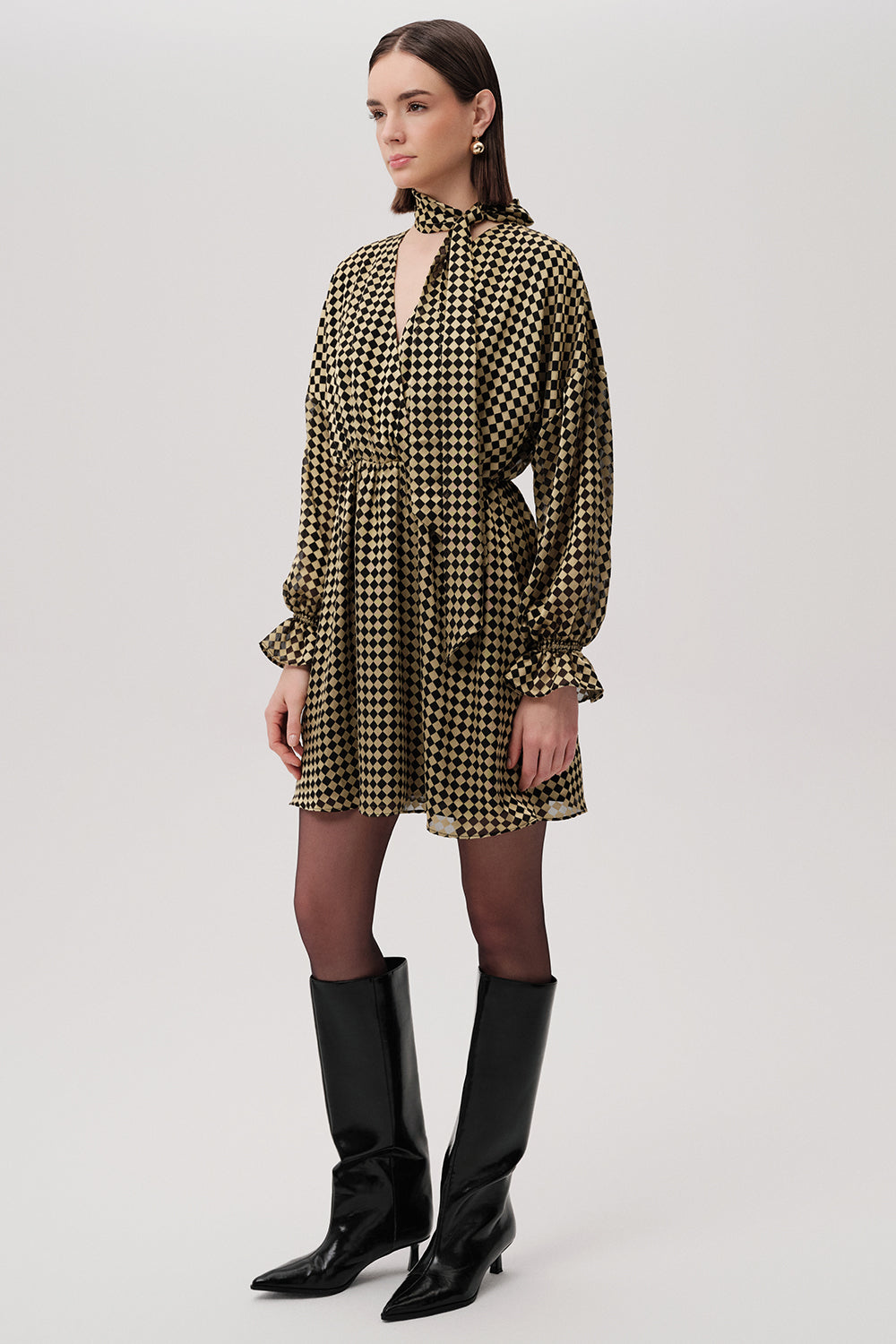 Waist Belted Long Sleeve Regular Mini Gold Black Dress Gold Black