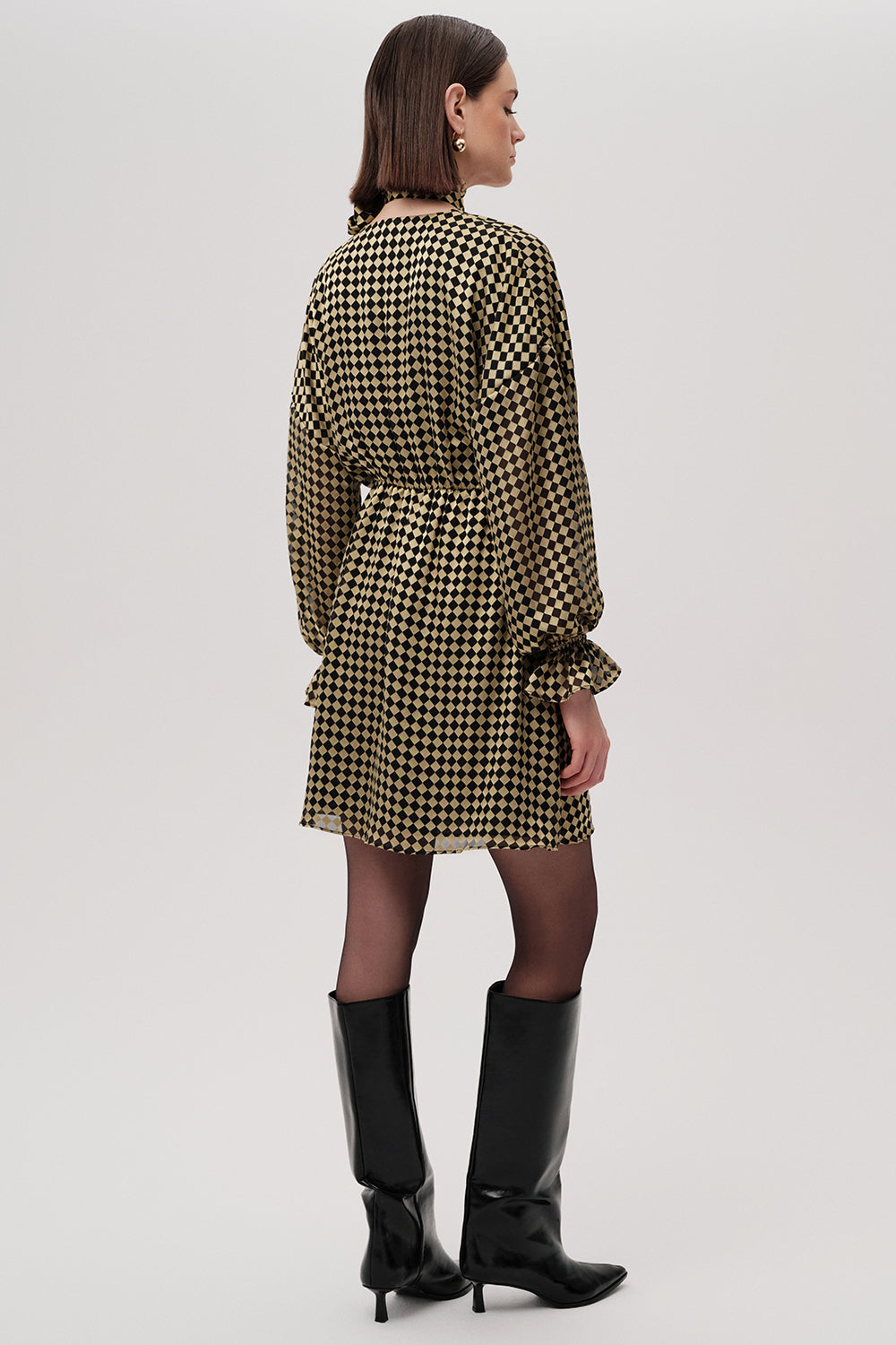 Waist Belted Long Sleeve Regular Mini Gold Black Dress Gold Black