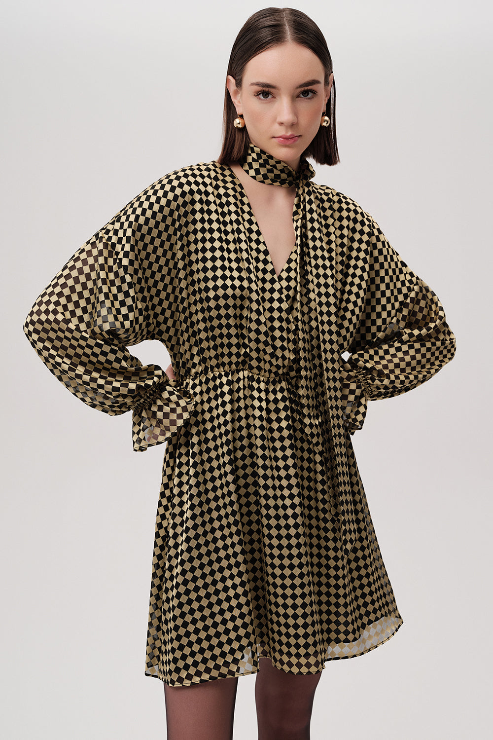 Waist Belted Long Sleeve Regular Mini Gold Black Dress Gold Black