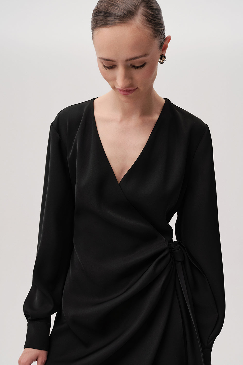 Emerson Black Long Sleeve Draped Wrap Mini Dress