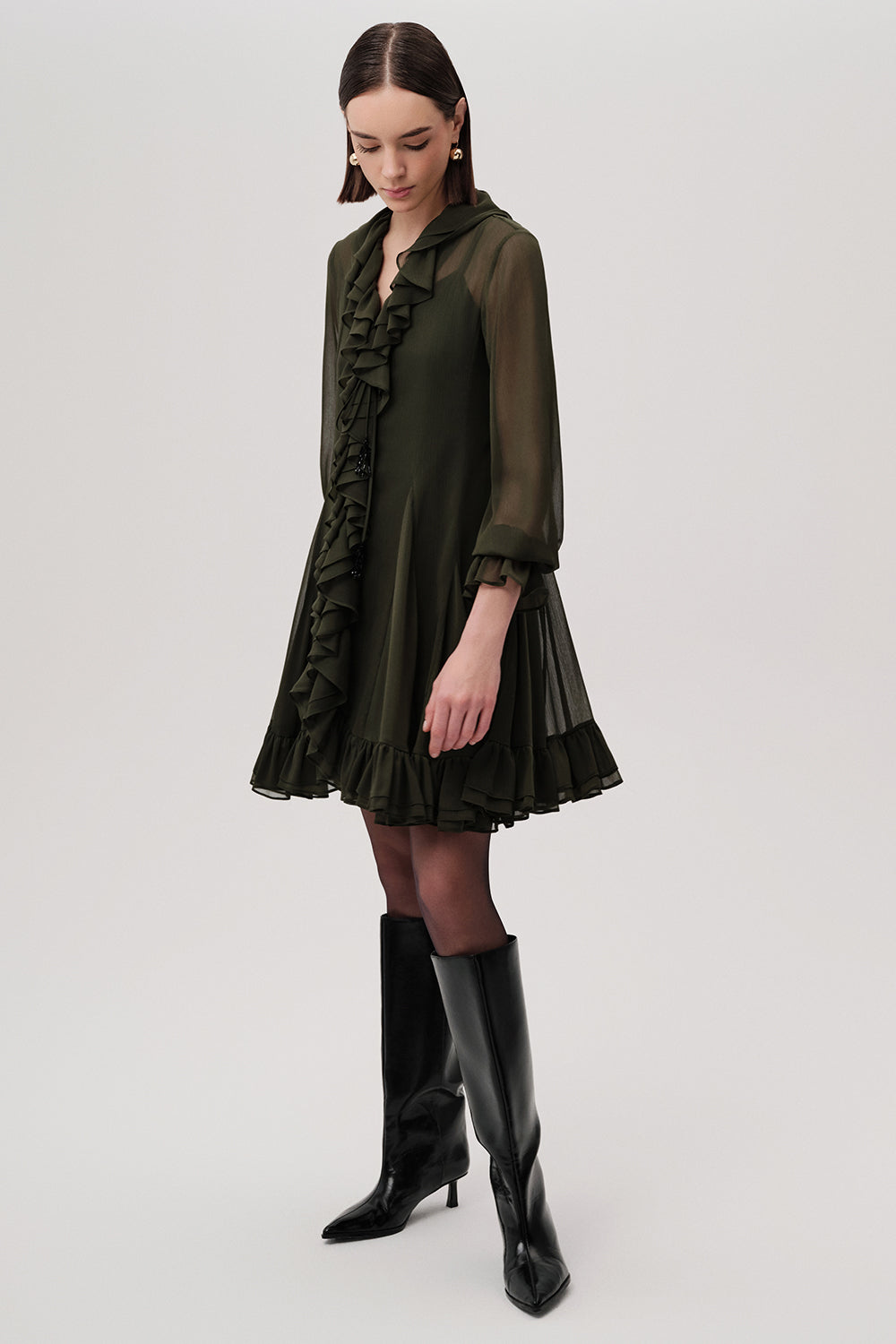 Ruffled V Neck Long Sleeve Regular Lined Mini Chiffon Green Dress Green