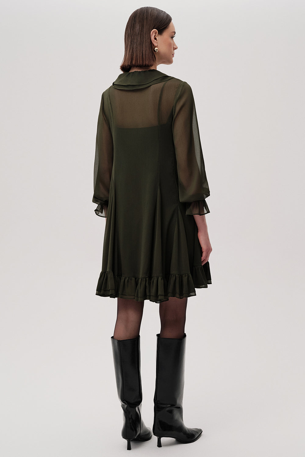 Ruffled V Neck Long Sleeve Regular Lined Mini Chiffon Green Dress Green