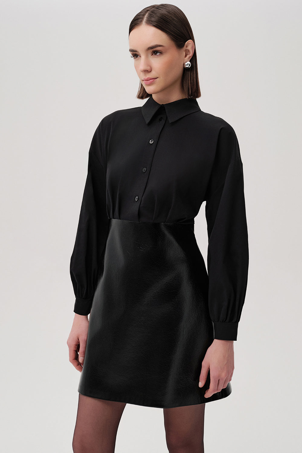 Fiori Black Faux Leather Mini Shirt Dress