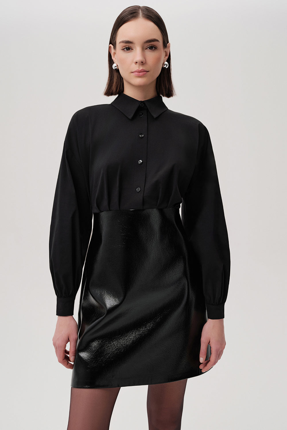Fiori Black Faux Leather Mini Shirt Dress
