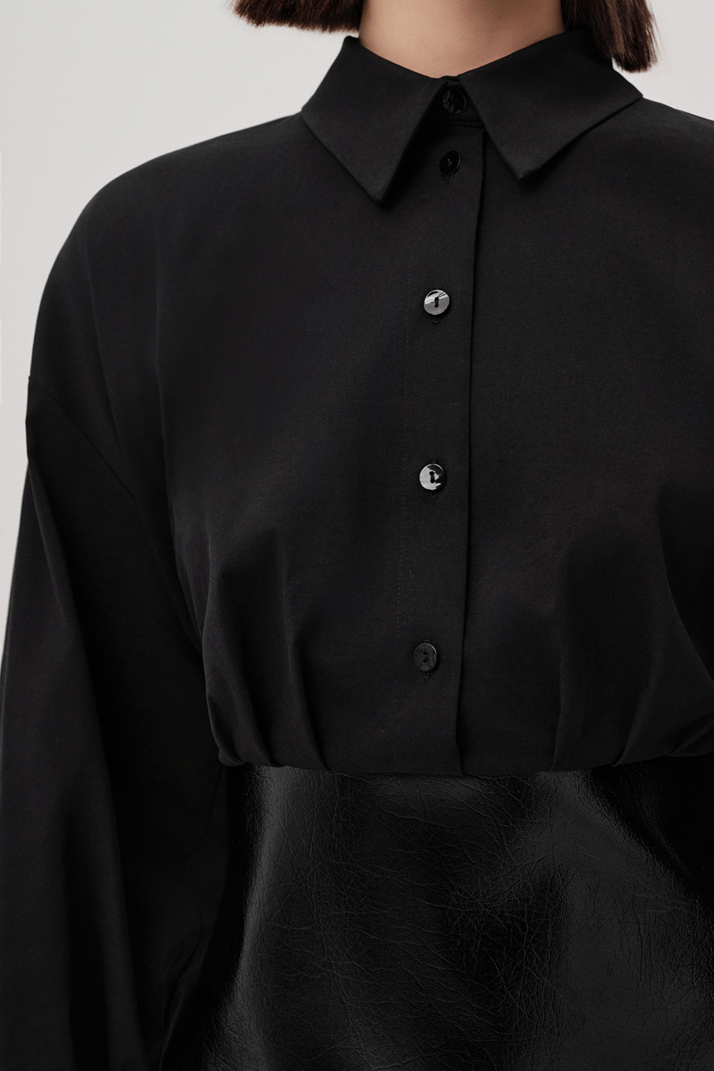 Fiori Black Faux Leather Mini Shirt Dress