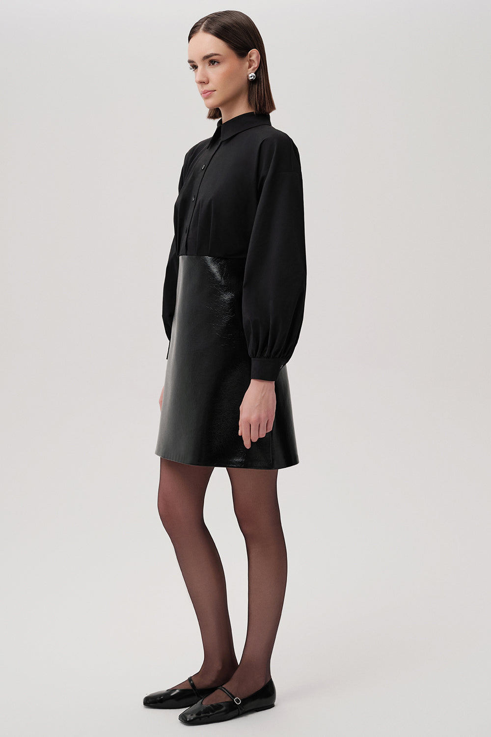 Fiori Black Faux Leather Mini Shirt Dress