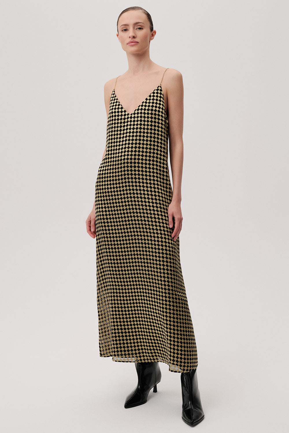 V Neck Strappy Regular Midi Gold Black Dress Gold Black