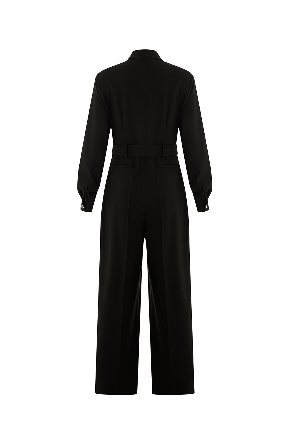 Emmalyn Black Long Sleeve Shirt Collar Jumpsuit with Pockets