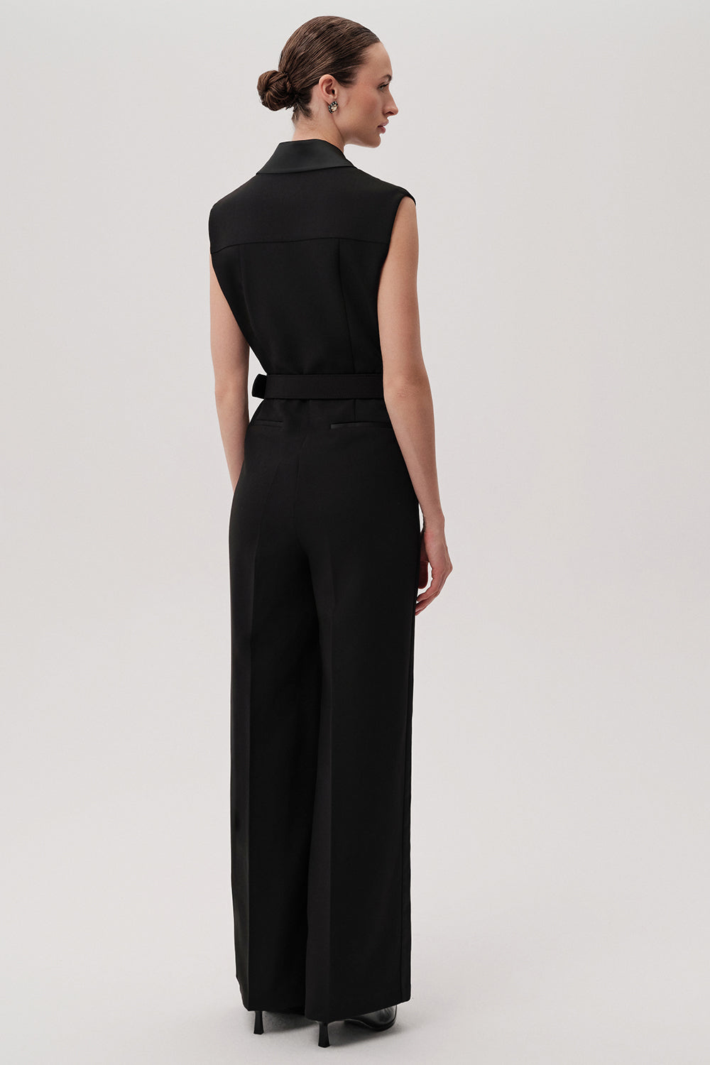 Onyx Black Sleeveless Shirt Collar Jumpsuit with Pockets