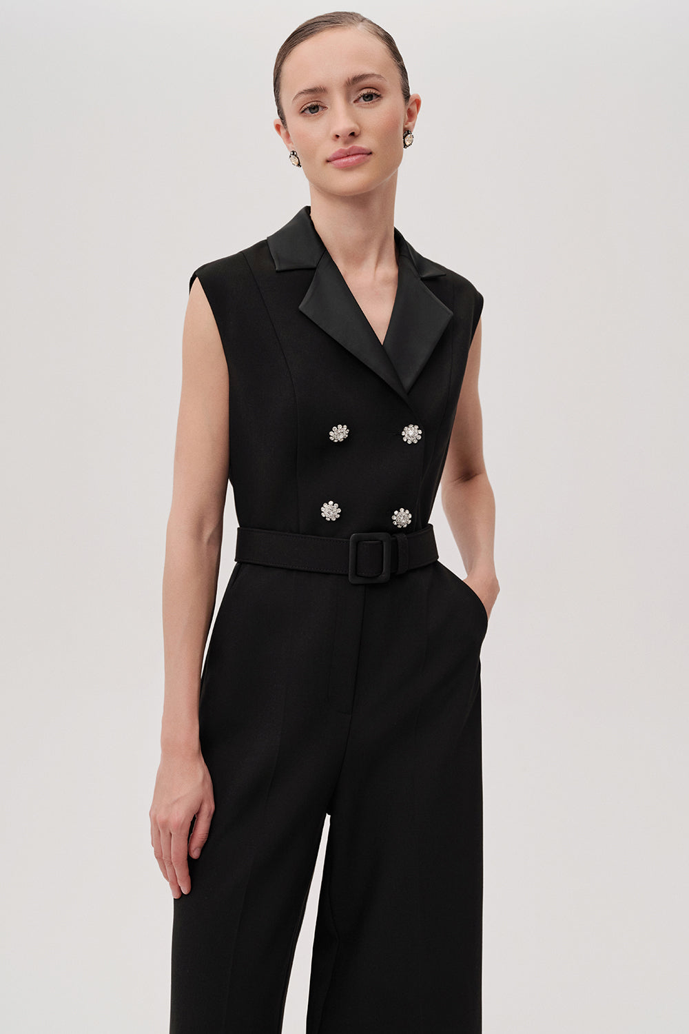 Onyx Black Sleeveless Shirt Collar Jumpsuit with Pockets