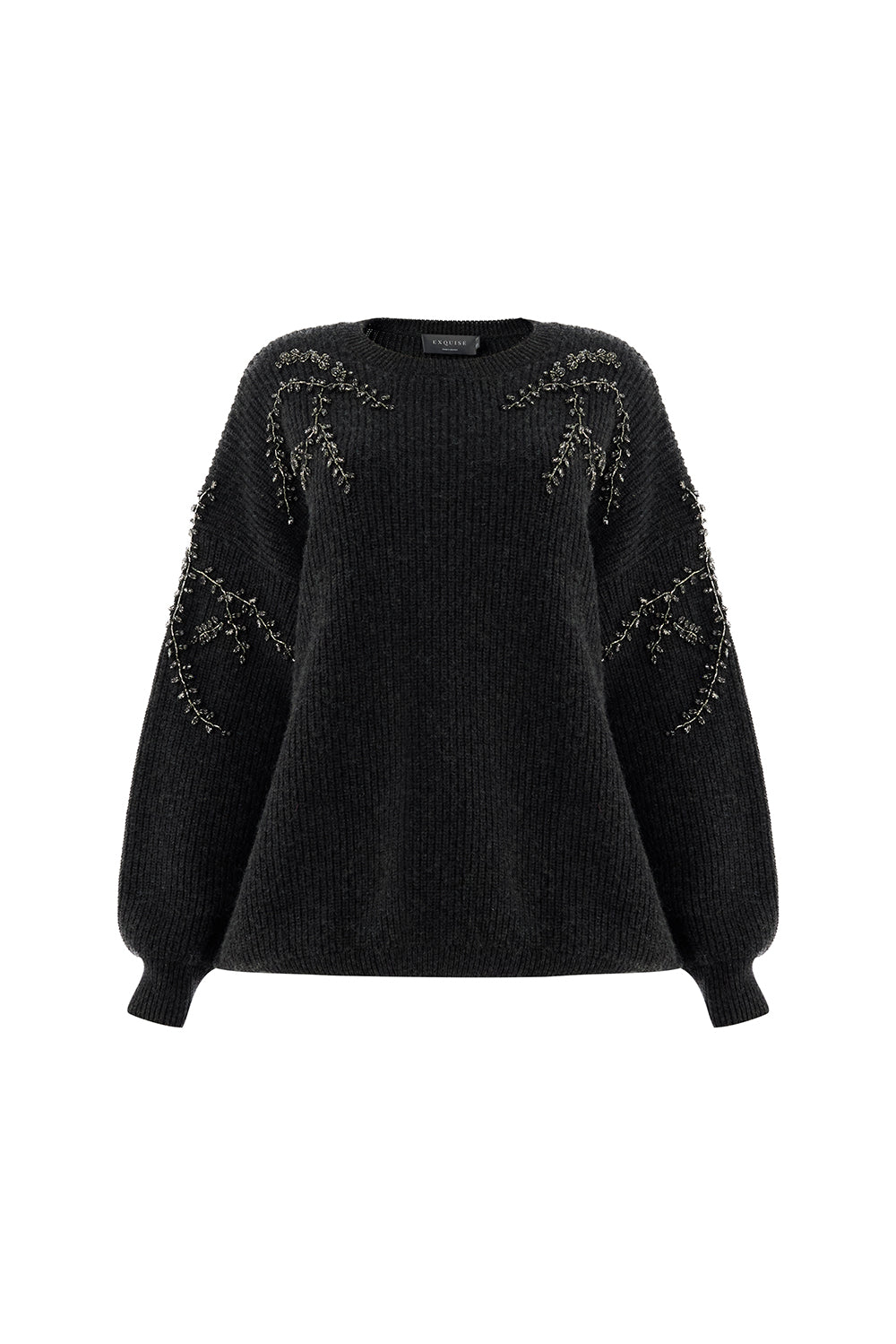 Grace Crew Neck Long Sleeve Sweater with Beaded Sleeves