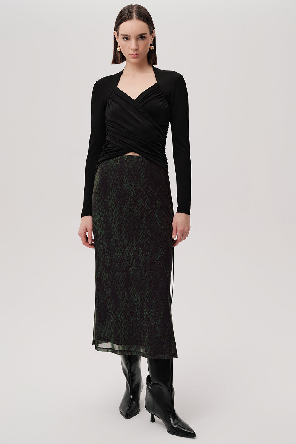 Snake Print Slim Fit Tulle Midi Green Skirt Green Black