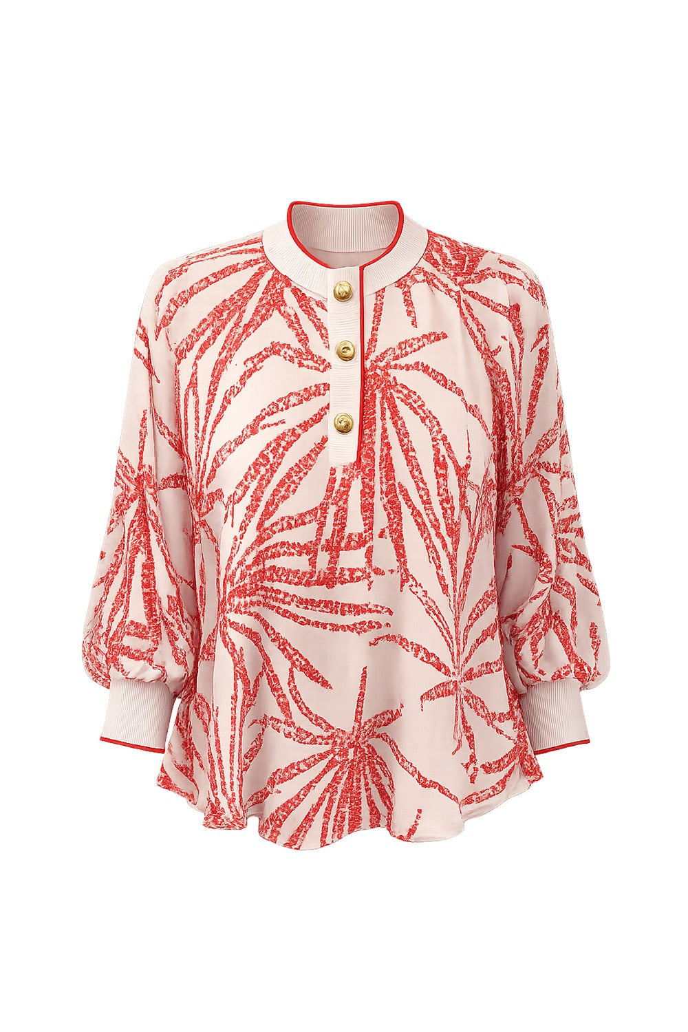 Mandarin Collar Button Detail Printed Blouse - BEIGE RED
