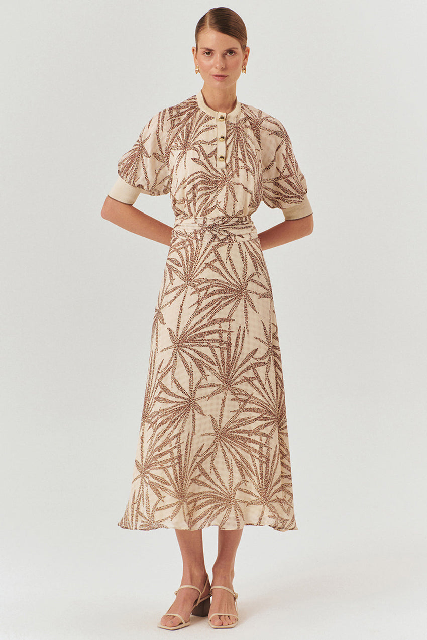 Regular Fit Leaf Print Midi Skirt in Rayon Chiffon with Drawstring Waist