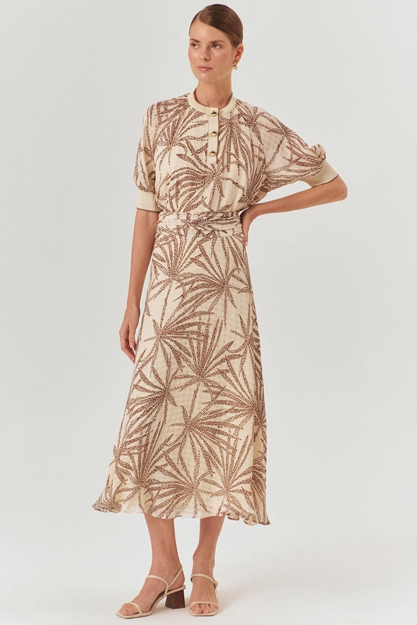 Regular Fit Leaf Print Midi Skirt in Rayon Chiffon with Drawstring Waist