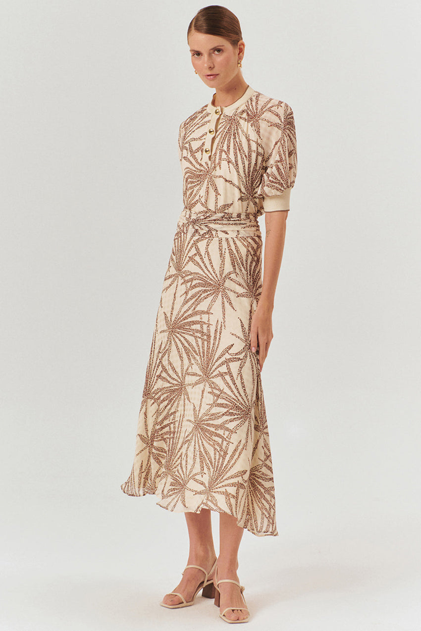 Regular Fit Leaf Print Midi Skirt in Rayon Chiffon with Drawstring Waist