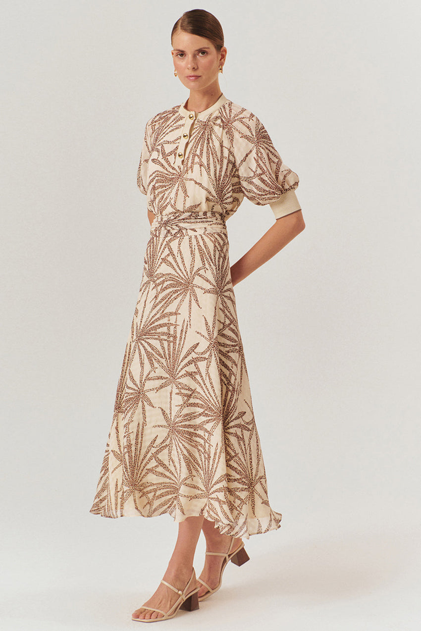 Regular Fit Leaf Print Midi Skirt in Rayon Chiffon with Drawstring Waist