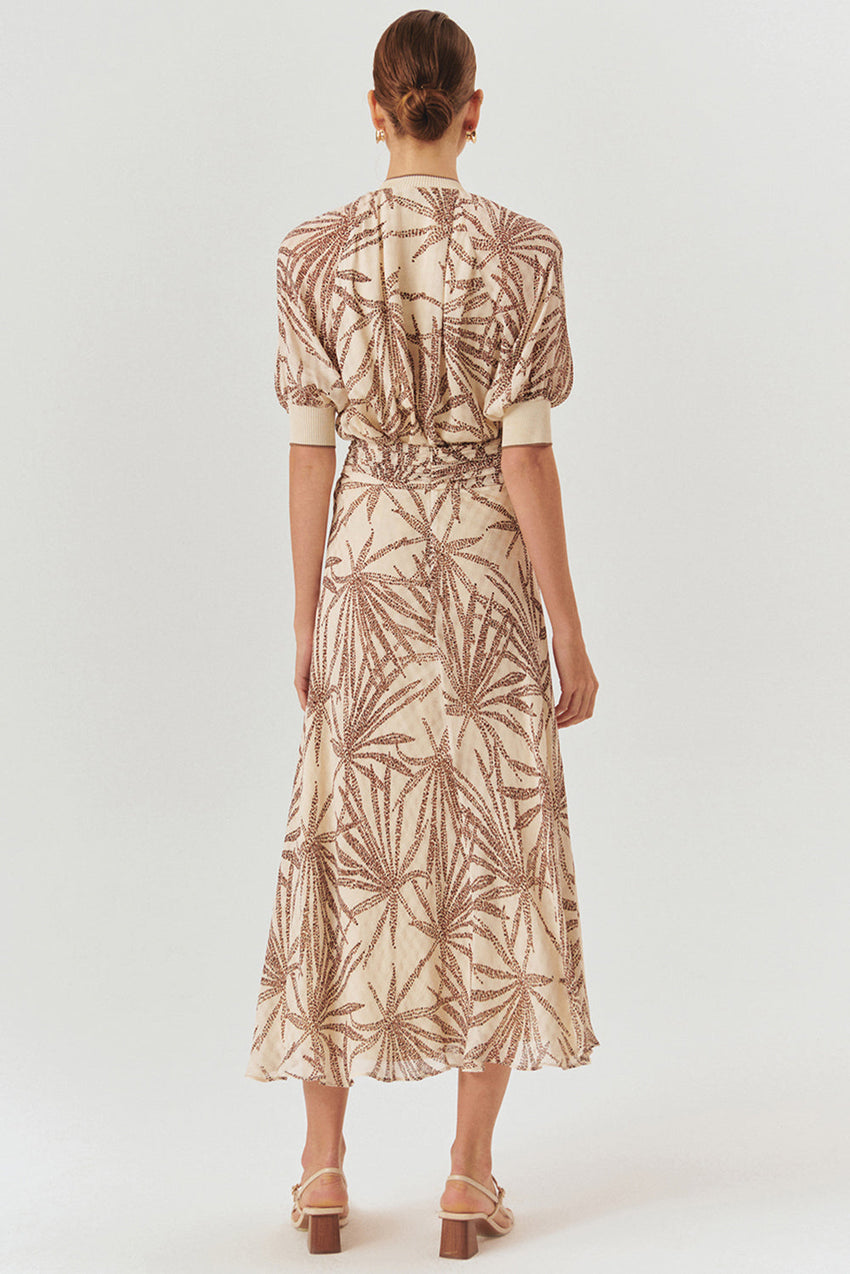 Regular Fit Leaf Print Midi Skirt in Rayon Chiffon with Drawstring Waist