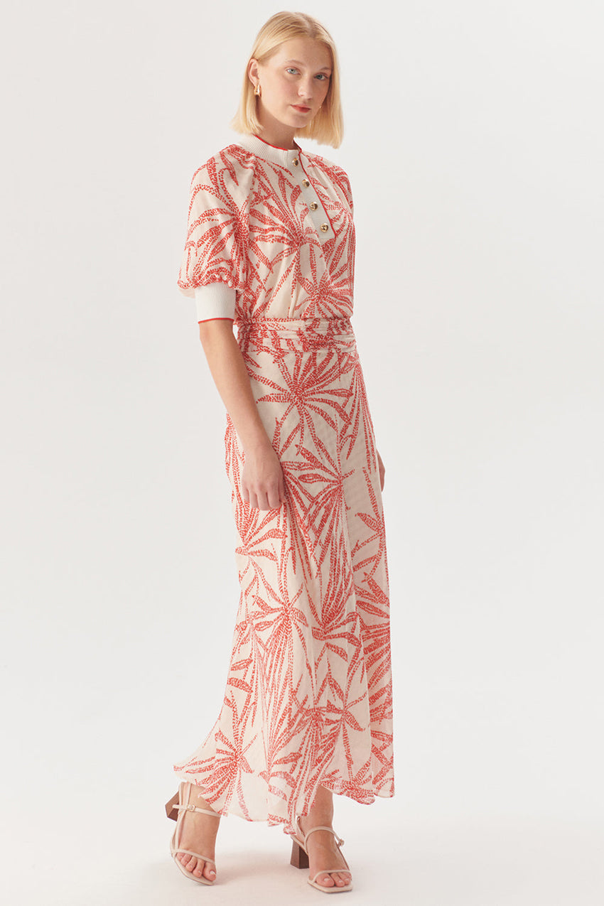 Regular Fit Leaf Print Midi Skirt in Rayon Chiffon with Drawstring Waist