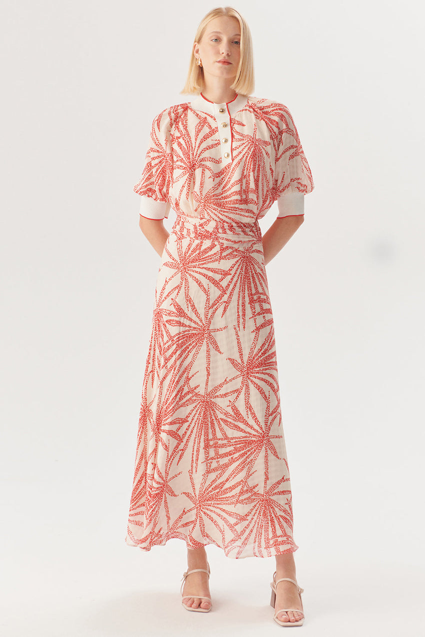 Regular Fit Leaf Print Midi Skirt in Rayon Chiffon with Drawstring Waist