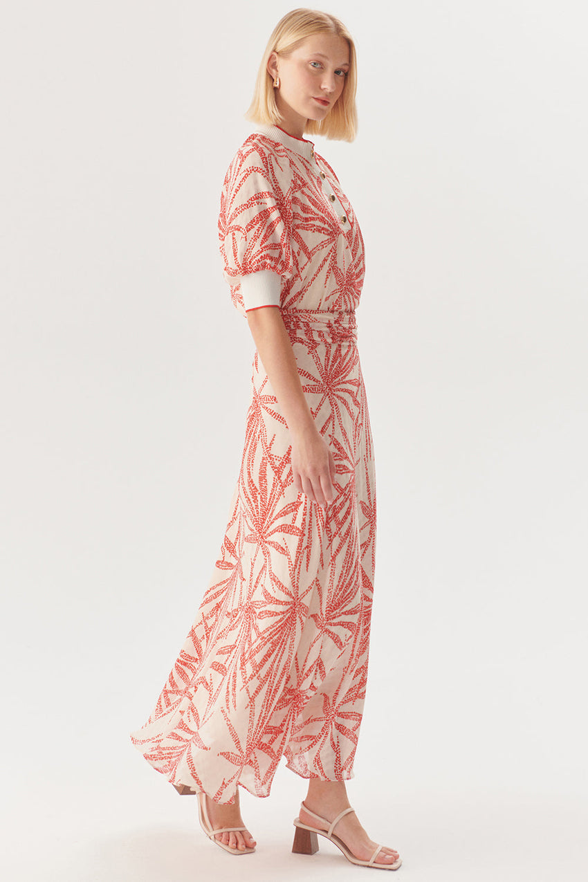 Regular Fit Leaf Print Midi Skirt in Rayon Chiffon with Drawstring Waist