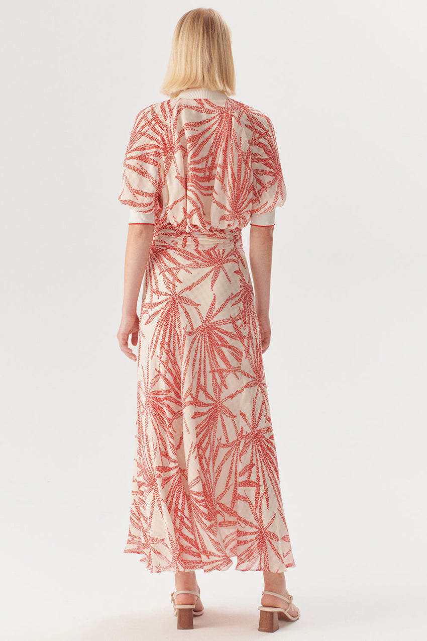 Regular Fit Leaf Print Midi Skirt in Rayon Chiffon with Drawstring Waist