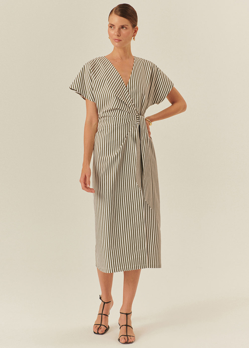 Cotton Midi Dress with Stripe Pattern and Wrap-Front Design